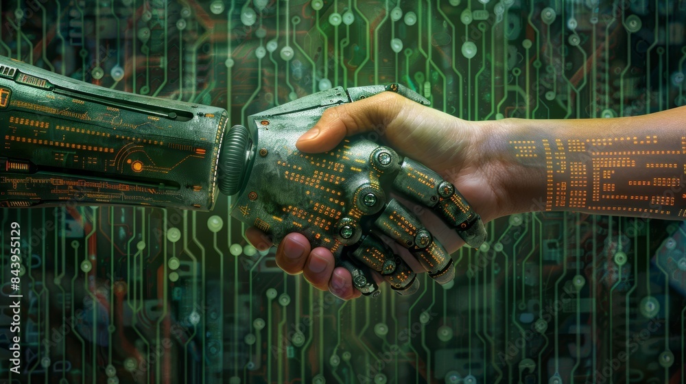 Aufkleber A handshake between a human and a robot, with binary code and circuit boards forming the background, signifying a human-AI collaboration.