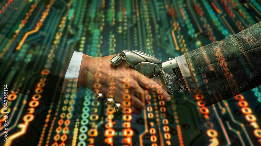 Aufkleber A handshake between a human and a robot, with binary code and circuit boards forming the background, signifying a human-AI collaboration.