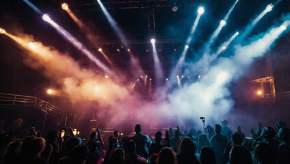 Dramatic stage lighting featuring vibrant colored spotlights and atmospheric smoke effects.