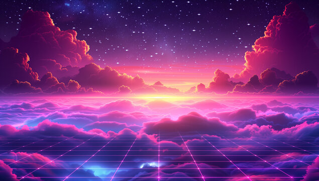 Synthwave landscape with neon grid, clouds, and sunset, 80's retrowave scene illustration