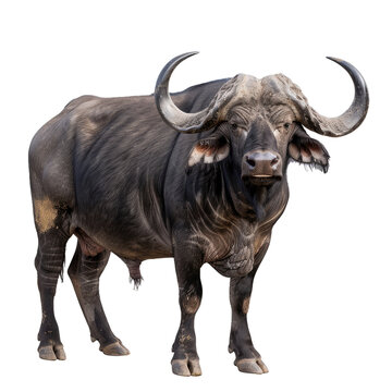 Realistic cape buffalo with detailed fur and horns, cut out against a transparent backdrop