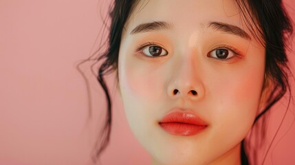 Fototapeta premium Close up portrait of a lovely Korean lady against a pink backdrop aged between 20 and 30 years