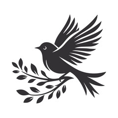 Black bird, leaf and flower vector silhouette illustration,	creative design