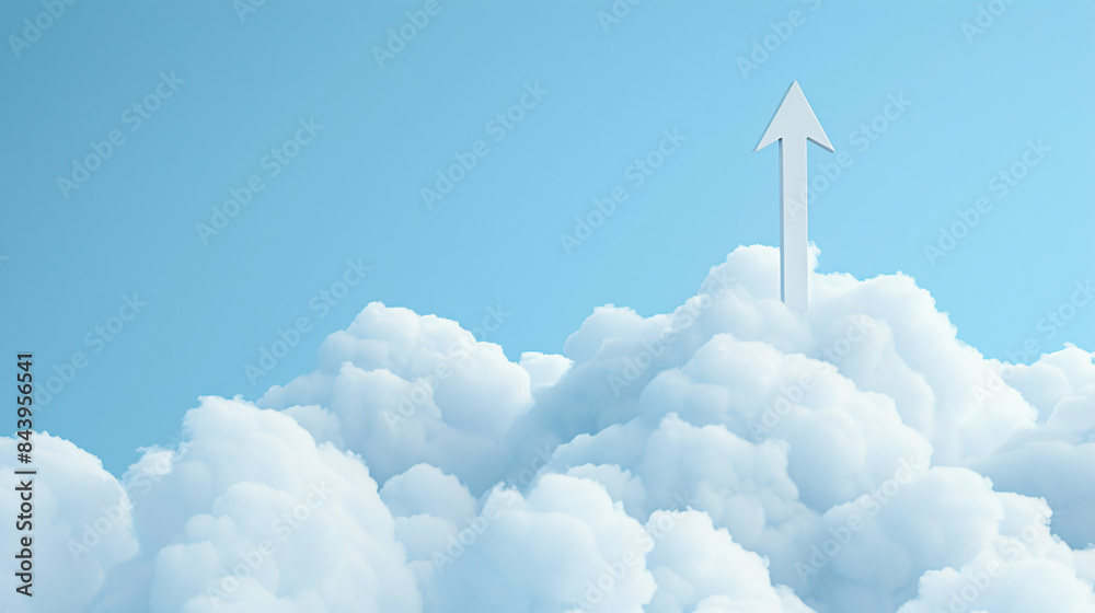 Aufkleber Conceptual image of a white arrow pointing up above fluffy clouds against a blue sky