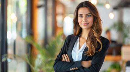 a trailblazing, pioneering businesswoman with arms crossed looking empowered in an office, the most popular image on stock photo websites.