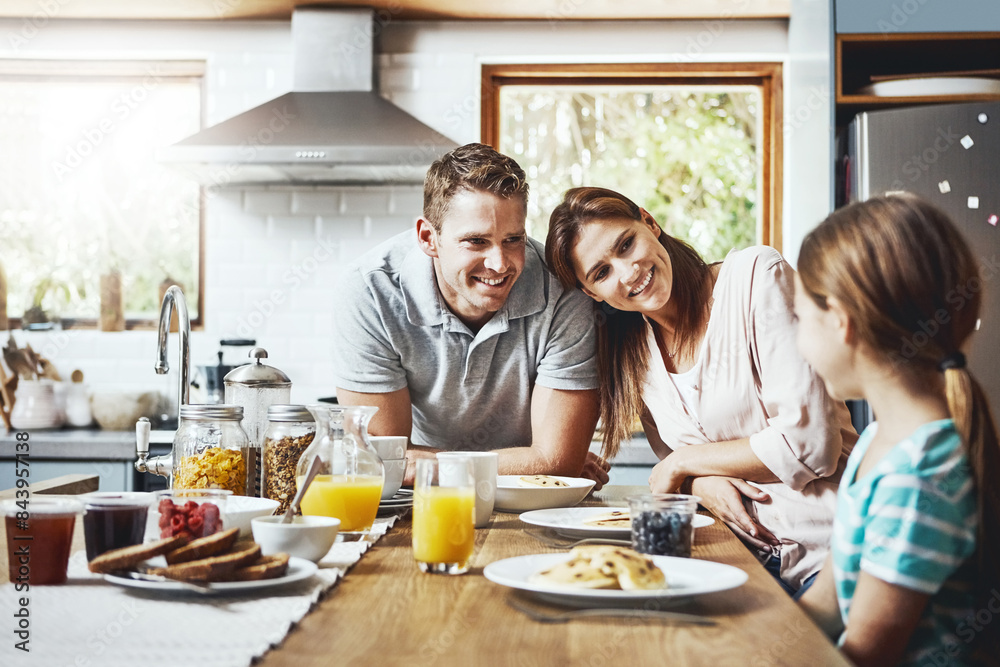 Sticker Family, food and kid with parents in morning for healthy breakfast, diet and child development. Happy, mother and father with little girl on weekend for nutrition, growth support and care at home