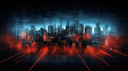Naklejka premium Cyber city with red and blue neon light effect, virtual scene concept
