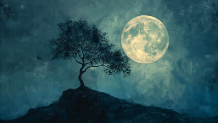 Minimalist painting of lone tree silhouetted against full moon