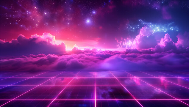 Synthwave landscape with neon grid, clouds, and sunset, 80's retrowave scene illustration - Powered by Adobe