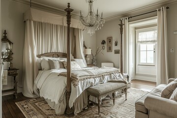 bedroom with a four-poster bed, elegant bedding, and a chandelier