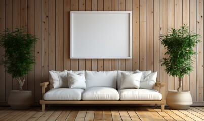 A cozy white couch with plush pillows and a framed picture adorns a warm wooden wall, creating a welcoming and inviting atmosphere.
