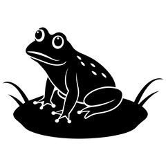 A frog is sitting on a hummock in a swamp vector silhouette on white background 