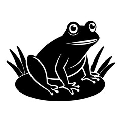 A frog is sitting on a hummock in a swamp vector silhouette on white background 