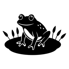 A frog is sitting on a hummock in a swamp vector silhouette on white background 