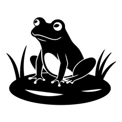 A frog is sitting on a hummock in a swamp vector silhouette on white background 