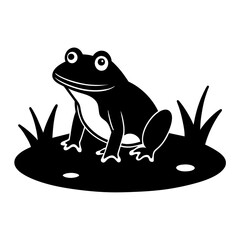 A frog is sitting on a hummock in a swamp vector silhouette on white background 