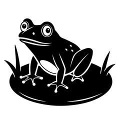 A frog is sitting on a hummock in a swamp vector silhouette on white background 