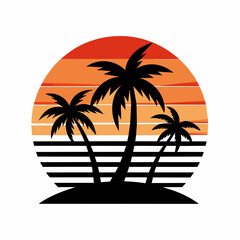 Fototapeta premium Beach with palms tree black silhouette and morning sun, vector T-Shirt Design on white background