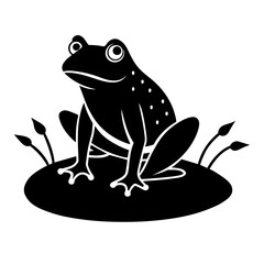 A frog is sitting on a hummock in a swamp vector silhouette on white background 