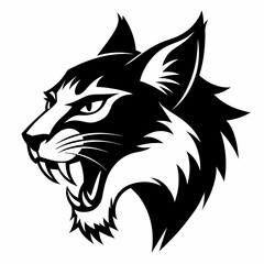 Bobcat angry head side view, vector silhouette, white background 