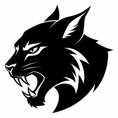 Bobcat angry head side view, vector silhouette, white background 