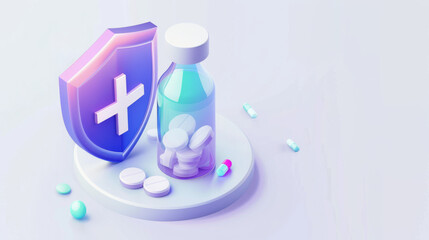 Medical illustration of a shield with a cross, a pill bottle, and scattered pills. Represents health protection, medication, pharmaceuticals, and healthcare concepts