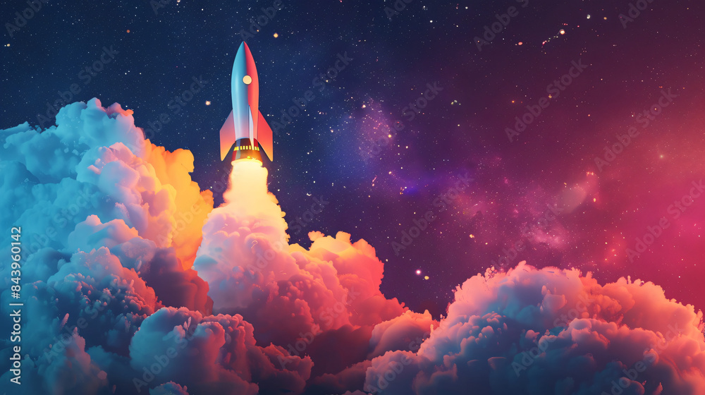 Poster vibrant digital artwork of a rocket ascending through colorful clouds into the starry space