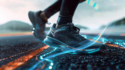 Close-up of a sneakered foot on a treadmill, with glowing digital elements suggesting fitness tracking, running, and technology integration in exercise