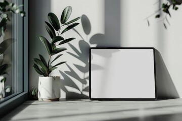 A black frame sits on a windowsill with a potted plant and its shadow cast on the wall.  The frame is blank and ready for your design.