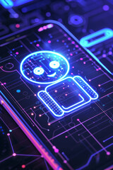 A robot with built-in artificial intelligence performs tasks on a purple background, showcasing advanced technology and autonomous operation.

