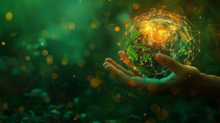 hand holding a digitally connected Earth, surrounded by a lush green forest, representing the intersection of technology and environmental conservation