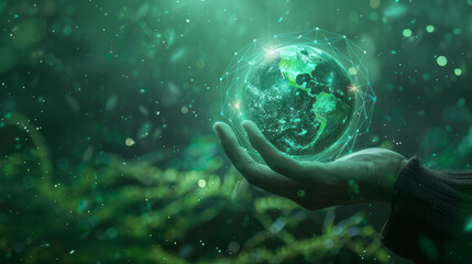 hand holding a digitally connected Earth, surrounded by a lush green forest, representing the intersection of technology and environmental conservation