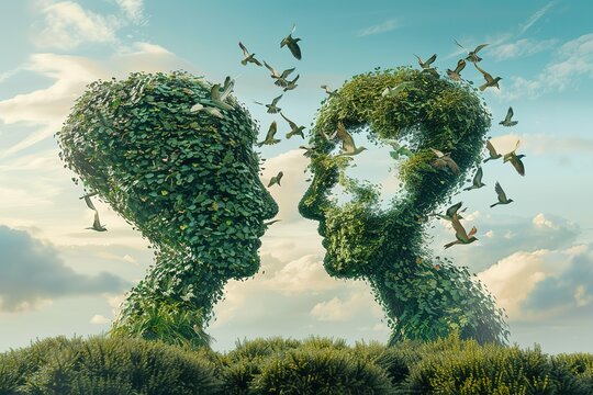 Concept of communication and communicating a message as two head shaped trees with birds flying as a metaphor for teamwork and business or personal relationship with 3D design elements