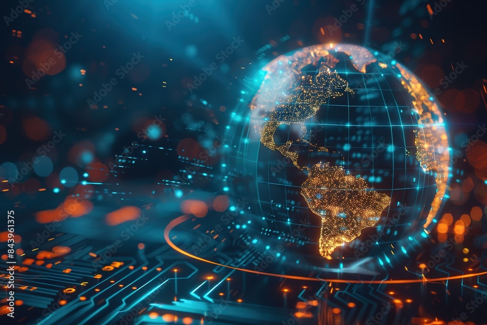 Wall mural contemporary global network concept with hardware computer server data center and hologram globe. wo