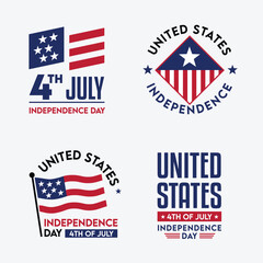 Set of 4 Stickers. Happy 4th of July USA Independence Day Elements. Clean Minimalist Memorial Day Stickers. Vector Illustration