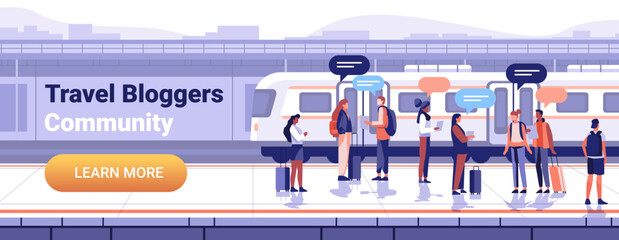 People waiting at train station with luggage engaging in conversations modern urban background flat design travel bloggers community theme