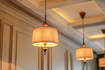 contemporary style bronze decoration lamps and lampshades against bright wall.