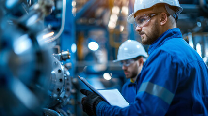 male engineers wearing white hard hats, safety glasses, and blue work uniforms are working in an industrial setting. holding a clipboard and taking notes, inspecting machinery.  industrial equipment