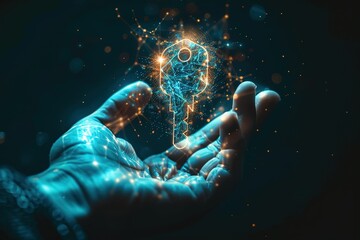 Digital key in hand in futuristic polygonal style. Privacy concept or problem solving. elegant modern conceptual design, glowing hologram