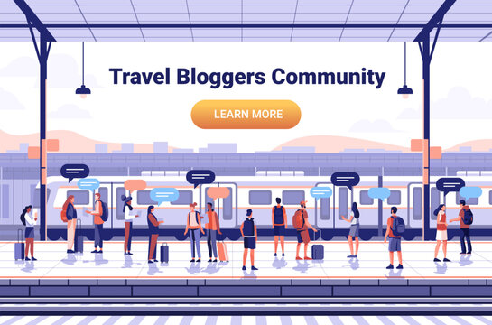 Travel bloggers at train station platform backpacks luggage speech bubbles modern cityscape social interaction outdoor travel scene