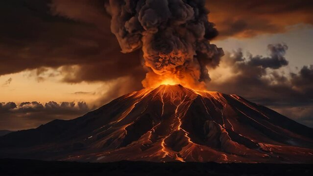 Volcanic eruption, fire, smoke, lava flowing