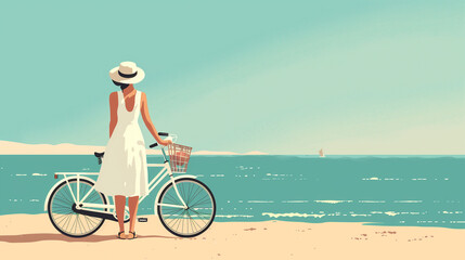 Fototapeta premium Calm romantic illustration of a woman with a bicycle in a white dress and hat on the seaside, concept of easy calm eco-life, tourism and recreation, hope and calm