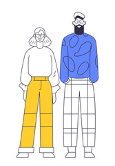 Modern illustration of two stylish individuals standing featuring vibrant clothing with geometric patterns and minimalist design elements