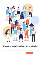 Diverse group of students standing together colorful geometric shapes modern flat design style teamwork community education multiculturalism