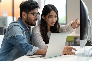 Diverse young male and female designers working together on computer in the office. An Asian woman using a laptop while an Indian man pointing at a monitor screen, both sitting at a desk  