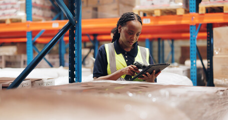 Logistics, black woman and tablet in warehouse with scanning, stock and price for safety in supply...