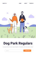 Dog park scene with two people two dogs leash frisbee outdoor setting clouds hills grass casual attire playful pets friendly atmosphere