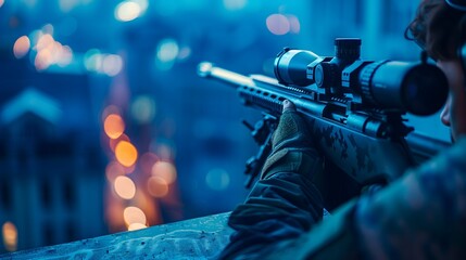 Fototapeta premium A man is holding a rifle and looking through a scope