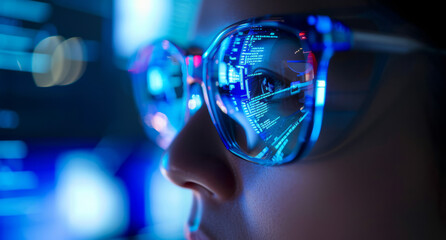 A young woman wearing glasses, with the reflection in her glasses showing that she is programming, highlighting her focus and tech-savvy nature.