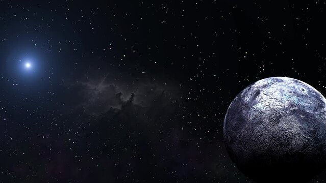 Eris Planet Closeup Shots With Glowing Stars Are Moving. Closeup Shots Of Eris Planet 3d Animated Planet Background.  Slowly Camera Movement Outer Space Planet And Lots Of Stars Eris Planet Rotate.